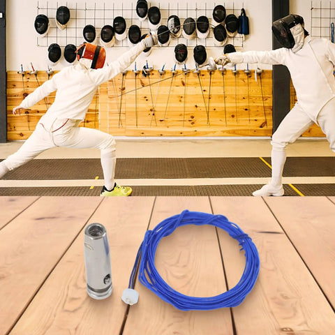 Blue wire and tip set on wooden floor; backdrop of fencers in duel, focus keyword: Wire And Point Tip Set For Fencing Epee Repair With High Conductivity Metal Wire For Training And Competition Easy Install And Quick Swap For Replacing Epee Accessories And One Meter Lead Line.