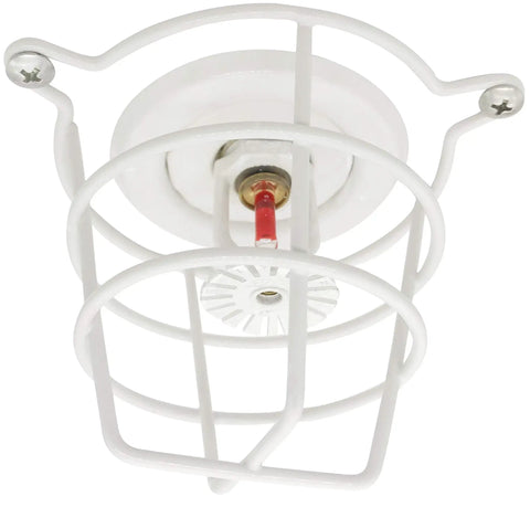 Dual Pack Pendent Fire Sprinkler Heads With Half Inch Npt Thread And Ul Approval For Easy Automatic Fire Defense Featuring Standard Response Glass Bulb Shutoff At 155 Fahrenheit In White Finish Built Tough To Handle Pressure And Give You Real Peace Of. Ceiling mounted sprinkler head with white wire guard and glass bulb.