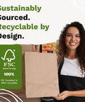 Woman holding Custom Kraft Paper Gift Bags With Handles For Full Branding Up To Five Sides Printed 115 GSM Recyclable Bags