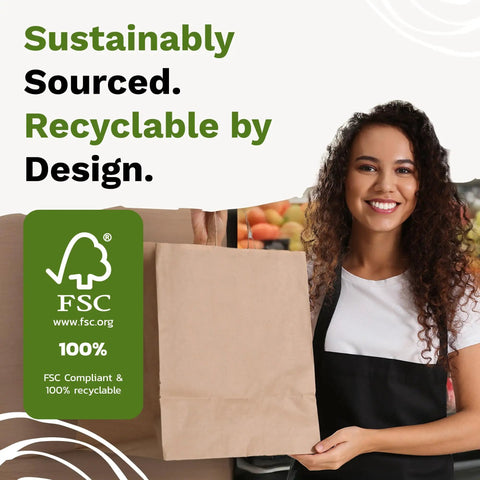Woman holding Custom Kraft Paper Gift Bags With Handles For Full Branding Up To Five Sides Printed 115 GSM Recyclable Bags