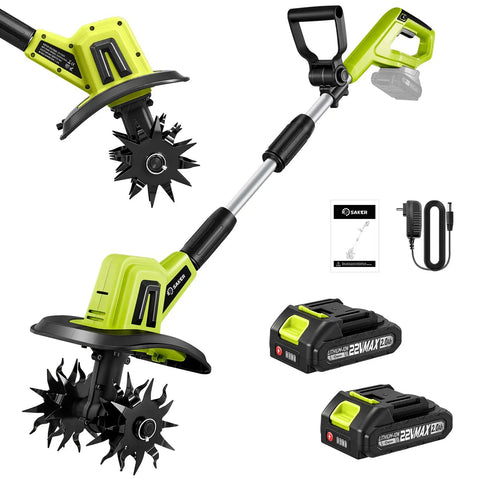 22V Cordless Garden Tiller Cultivator For Soil Preparation And Weeding Lightweight Rototiller with accessories and dual batteries.