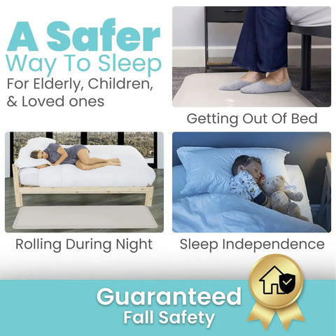 Elderly person standing on 72 By 24 Inch Bedside Fall Safety Mat For Elderly And Disabled, beside bed with non-slip cushion surface.