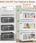 Straight Up Heavy Duty Storage Bins With Secure Lids Four Pack White stacked with open lids showcasing contents.