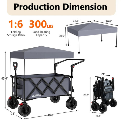 3 In 1 Collapsible Foldable Wagon With 300 Lbs Capacity And 150 L Heavy Duty Utility Cart Removable Canopy All Terrain Beach Wheels Gray