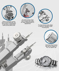 Spring Bar Plier Tool Kit For Watch Bands And Straps Removal And Repair With Durable Eight Alloy Steel Pins And Precision Tweezers Pro Grade Repair Set Silver displayed with features and stainless steel watch.