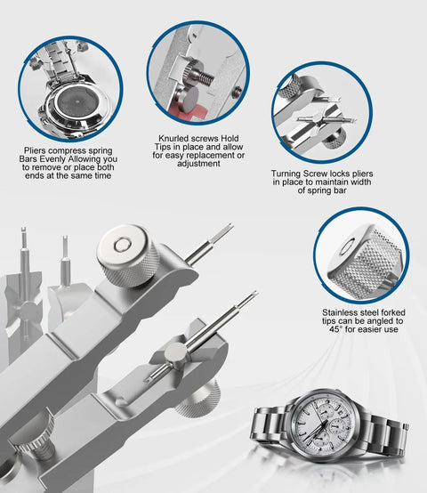 Spring Bar Plier Tool Kit For Watch Bands And Straps Removal And Repair With Durable Eight Alloy Steel Pins And Precision Tweezers Pro Grade Repair Set Silver displayed with features and stainless steel watch.