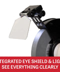 Integrated eye shield and light on Eight Inch Bench Grinder With Integrated Led Work Lights And Built In Coolant Tray Powered By One Half Hp Motor Delivering Three Thousand Four Hundred Fifty Rpm For Heavy Duty Grinding And Top Shelf Tool Sharpening On Your Workbench.