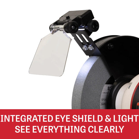 Integrated eye shield and light on Eight Inch Bench Grinder With Integrated Led Work Lights And Built In Coolant Tray Powered By One Half Hp Motor Delivering Three Thousand Four Hundred Fifty Rpm For Heavy Duty Grinding And Top Shelf Tool Sharpening On Your Workbench.