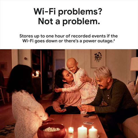 Family gathered in living room during power outage with Nest Cam Outdoor Or Indoor Battery 2nd Generation providing security.