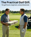 Two men exchanging a packaged Dope Wall Mounted Golf Club Rack With 8 Clips And Golf Ball Display, on a golf course.