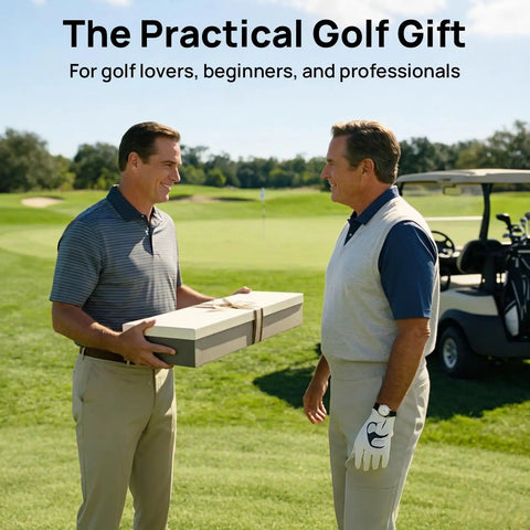 Two men exchanging a packaged Dope Wall Mounted Golf Club Rack With 8 Clips And Golf Ball Display, on a golf course.