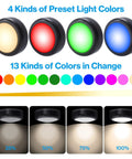 Four Pack Puck Lights With 13 Color Changeable LEDs, Battery Powered Dimmable Under Cabinet Lights With Remote, showing color options