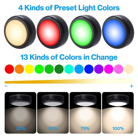 Four Pack Puck Lights With 13 Color Changeable LEDs, Battery Powered Dimmable Under Cabinet Lights With Remote, showing color options