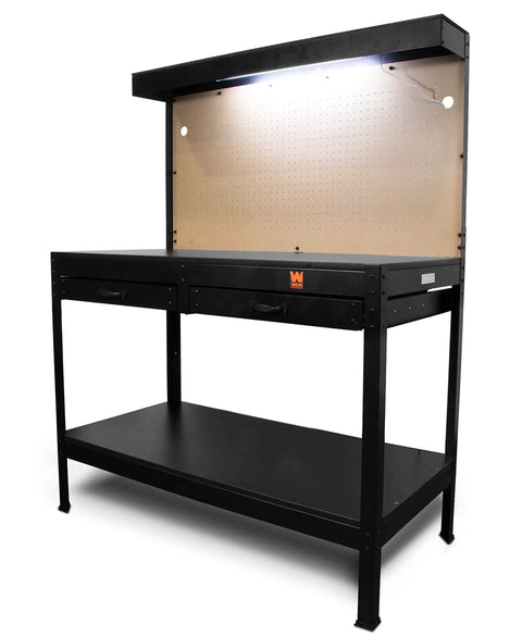 Heavy Duty 48 Inch Workbench With Power Outlets And Light, Black Finish, Two Drawers Plus Upper And Lower Shelves With Pegboard