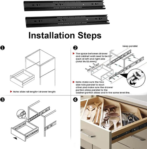 Installation steps for Heavy Duty Drawer Slides 10 To 22 Inch Ball Bearing Full Extension 3 Section Rails 1 Pair Metal Side Mount Drawer Rails