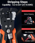 Stripping steps of All In One Ferrule Crimping Tool Kit with wire stripper, showing before and after cable stripping, 0.2-6 mm² capability.