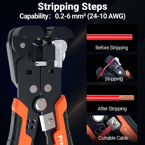 Stripping steps of All In One Ferrule Crimping Tool Kit with wire stripper, showing before and after cable stripping, 0.2-6 mm² capability.