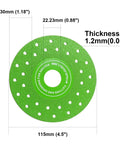 Ultra Thin Diamond Grinding Discs 4.5 Inch Set For Ceramic Glass Marble Granite, air brazed cutting blade, green design, measurements shown