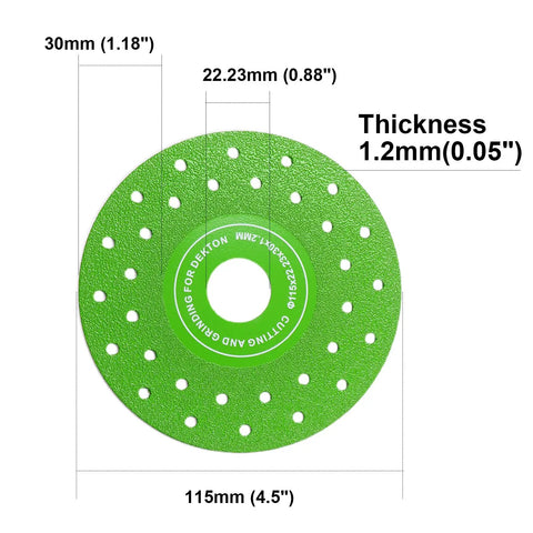 Ultra Thin Diamond Grinding Discs 4.5 Inch Set For Ceramic Glass Marble Granite, air brazed cutting blade, green design, measurements shown