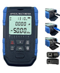 Front view of a blue-edged handheld 5-in-1 fiber optic cable tester with portable optical power meter and FC/SC/ST interface