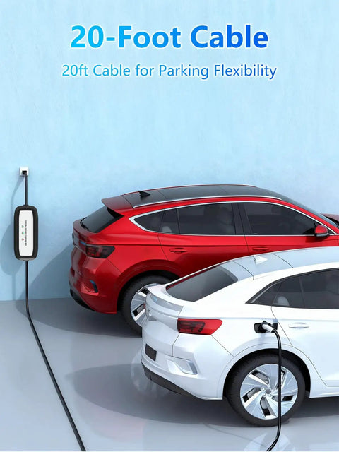 Illustration showing a Portable 16 Amp EV Charger For 110 To 240 Volt Power Level 1 And Level 2 Charging J1772 Ready in use.