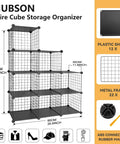 Diagram of Space Saver 9 Cube Wire Grid Storage Organizer with dimensions and components, including plastic sheets and metal frame.