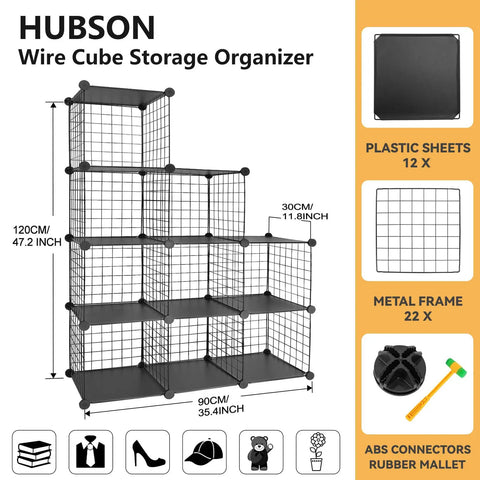 Diagram of Space Saver 9 Cube Wire Grid Storage Organizer with dimensions and components, including plastic sheets and metal frame.