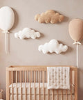 5 Piece Nursery Wall Decor Set With Fabric Cloud Balloons And Linen 3D Hot Air Balloons above baby crib