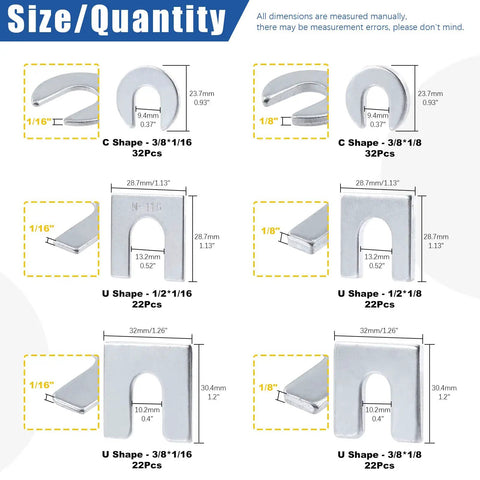 152 Piece Universal Body Shim Kit For Auto Alignment Three Eighths Inch And One Half Inch Shims C Type And U Type Assortment For Camber Alignment Body Panel Adjustment DIY Friendly Quick Fit Car Repair, displaying multiple zinc-plated steel C and U type shims with dimensions labeled.