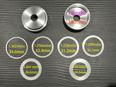 Coin Ring Puncher And Spacer Set For Jewelry Making With Six Spacer Rings In Inner Diameters Of 1.362, 1.276, 1.228, 1.209, 1.047, And 0.957 Inches displayed on table