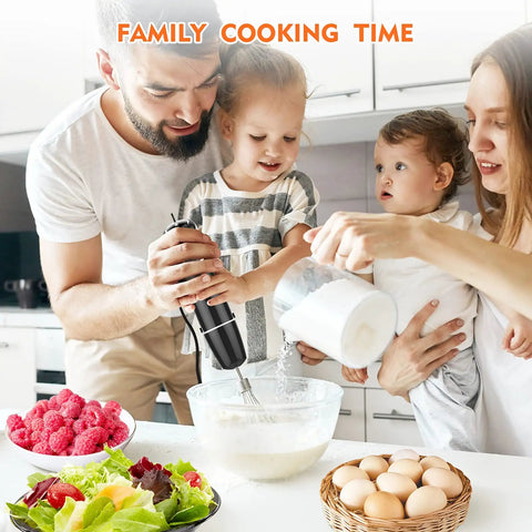 Slick Hands Down Game Changer 800 Watt Immersion Hand Blender With 12 Speeds And Turbo Boost being used by family in kitchen for food prep.