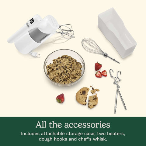 Lightweight Nine Speed Electric Hand Mixer With Grippy Ergonomic Handle And One Touch Digital Controls Built Different For Fast Whipping Includes beaters, dough hooks, and storage case.