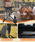 Foldable Grill Cart Stand for Weber Q Series Q1000 Q1200 Q1400 Q2000 Q2200 Q2400 in use, shown with wheels and foldable design