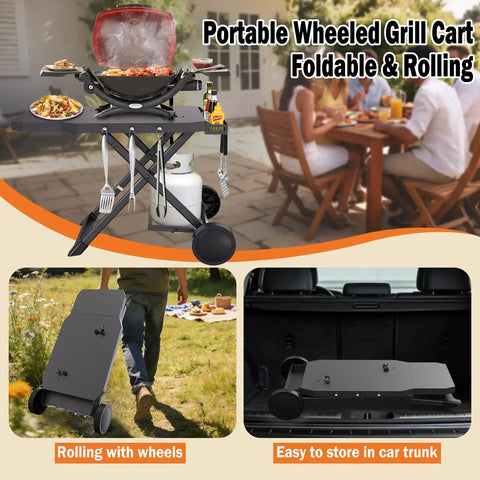 Foldable Grill Cart Stand for Weber Q Series Q1000 Q1200 Q1400 Q2000 Q2200 Q2400 in use, shown with wheels and foldable design