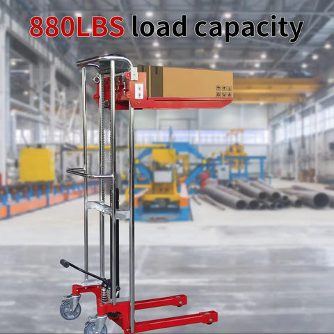 Heavy Duty Manual Hydraulic Pedal Driven Stacker Lift Truck With Robust Forks For 800 Lbs Warehouse Pallet Moving And Stacking Jobs with box load at 880LBS capacity.