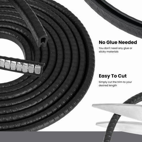 Black Edge Trim Small 1.5mm Wide 50 Feet Long For Metal Edge Protection On Cars Boats And Home Prevent Scratches Sharp Edges And Injuries Safe For Family And Pets Easy Install No Tools Required shown coiled with scissors and internal clips.