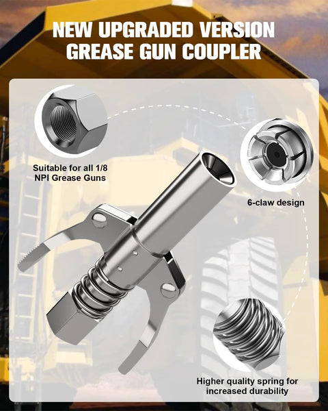 Front view: Grease gun coupler with 6-claw head and double handles; metal, 10,000 PSI, fits 1/8 NPT guns