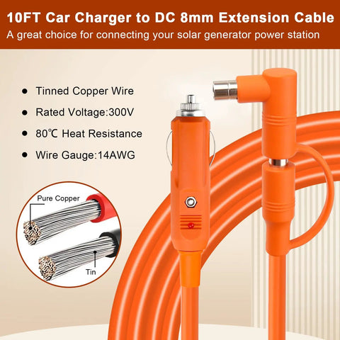 Heavy Duty 10 Foot 14Awg Car Charging Cable For Jackery Explorer Portable Power Stations With Dc 8Mm Cigarette Lighter To Dc 7909 8020 Plug For Rock Solid 15Amp Beast Mode Power Delivery, tinned copper wire and connectors.