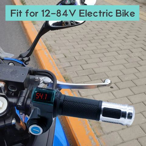 Universal 12V To 84V E-Bike Throttle Grip With Key And LCD Battery Voltage Display, Fits Motorbike And Electric Scooter, Easy Install, Durable Silver Finish, Real Time Voltage Readout For Smooth Confident Rides
