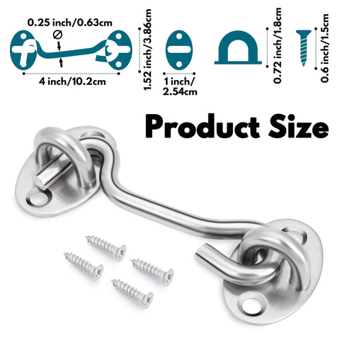 Privacy Hook And Eye Latch For Barn Doors Two Pack Stainless Steel Gate And Cabinet Latch with screws and dimensions shown