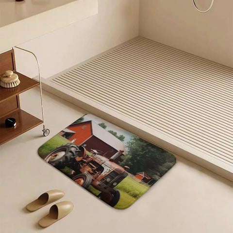 Thick Soft Absorbent Farm Tractor Bath Rug Mat With Non Slip Backing in modern bathroom setting