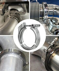 Collage showing 5 Inch Quick Release V Band Clamp Stainless Steel 304 Bolt Clamp For Exhaust Pipe Flanges in use