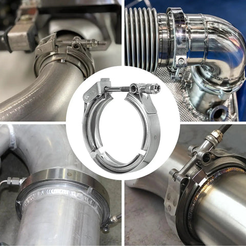 Collage showing 5 Inch Quick Release V Band Clamp Stainless Steel 304 Bolt Clamp For Exhaust Pipe Flanges in use