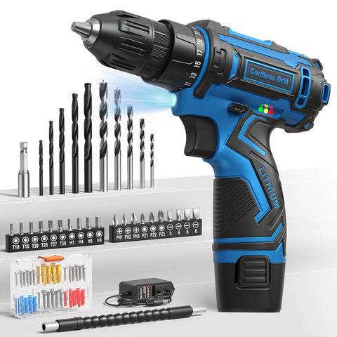 12V Cordless Drill Kit With 92 Accessories, 3/8 Inch Keyless Chuck, Built In LED Light, Lightweight Blue