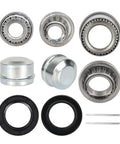 Trailer Wheel Hub Bearing Kit For One And A Quarter Inch And Three Quarter Inch Axles With Chrome Steel Bearings Dust Covers Seals And Cotter Pins ABEC Three Ready To Install, displayed with steel bearings, dust covers, seals, and cotter pins.