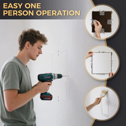 Man using a drill to install a 16 Pack No Sweat Drywall Repair Clips For Wall Patch Fixes Rust Resistant Stainless Steel.