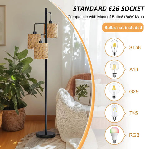 65 Inch Boho Rattan Floor Lamp With Three Lights, farmhouse tree standing lamp with rattan shades in a cozy living room.