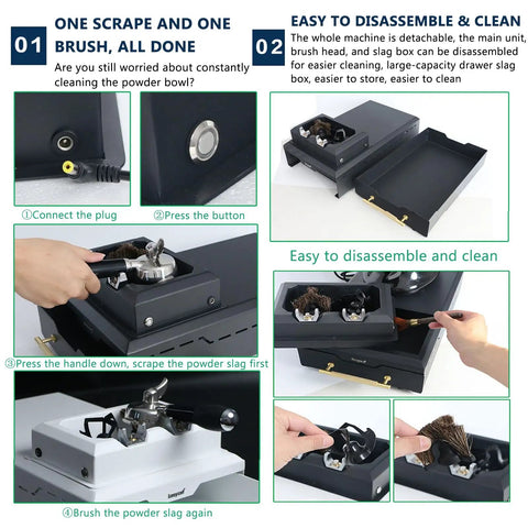 Hassle Free Automatic Portafilter Cleaning Machine With Knock Box showing disassembly, cleaning steps, and components for 58mm espresso groups.