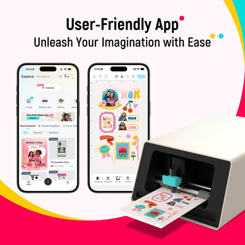 All In One Color Sticker Printer And Cutter For DIY Crafters And Custom Labels And Gifts With Thermal Dye Sublimation 300 DPI And Precise AI Auto Cutting next to two smartphones displaying app interface.