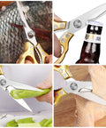 Heavy Duty Kitchen Scissors With Stainless Steel Blades And Aluminum Handles Dishwasher Safe Multipurpose Kitchen Shears For Meat Poultry Fish Seafood Herbs And Bread Gold Finish cutting fish, bottle cap, celery, and chicken